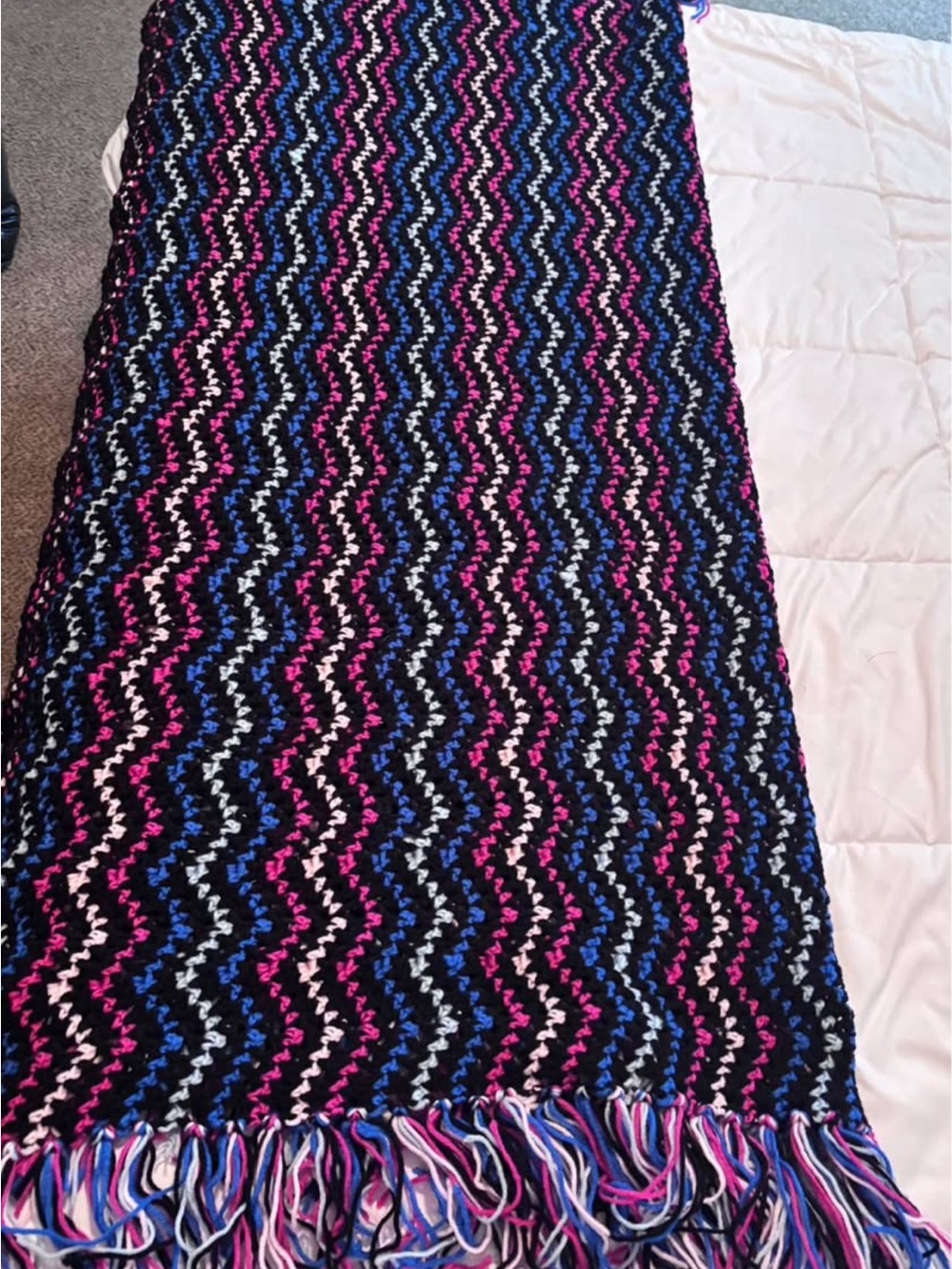 Vintage Handmade Crochet Chevron Afghan Blanket Zig Zag Throw Fringe Pink Blue